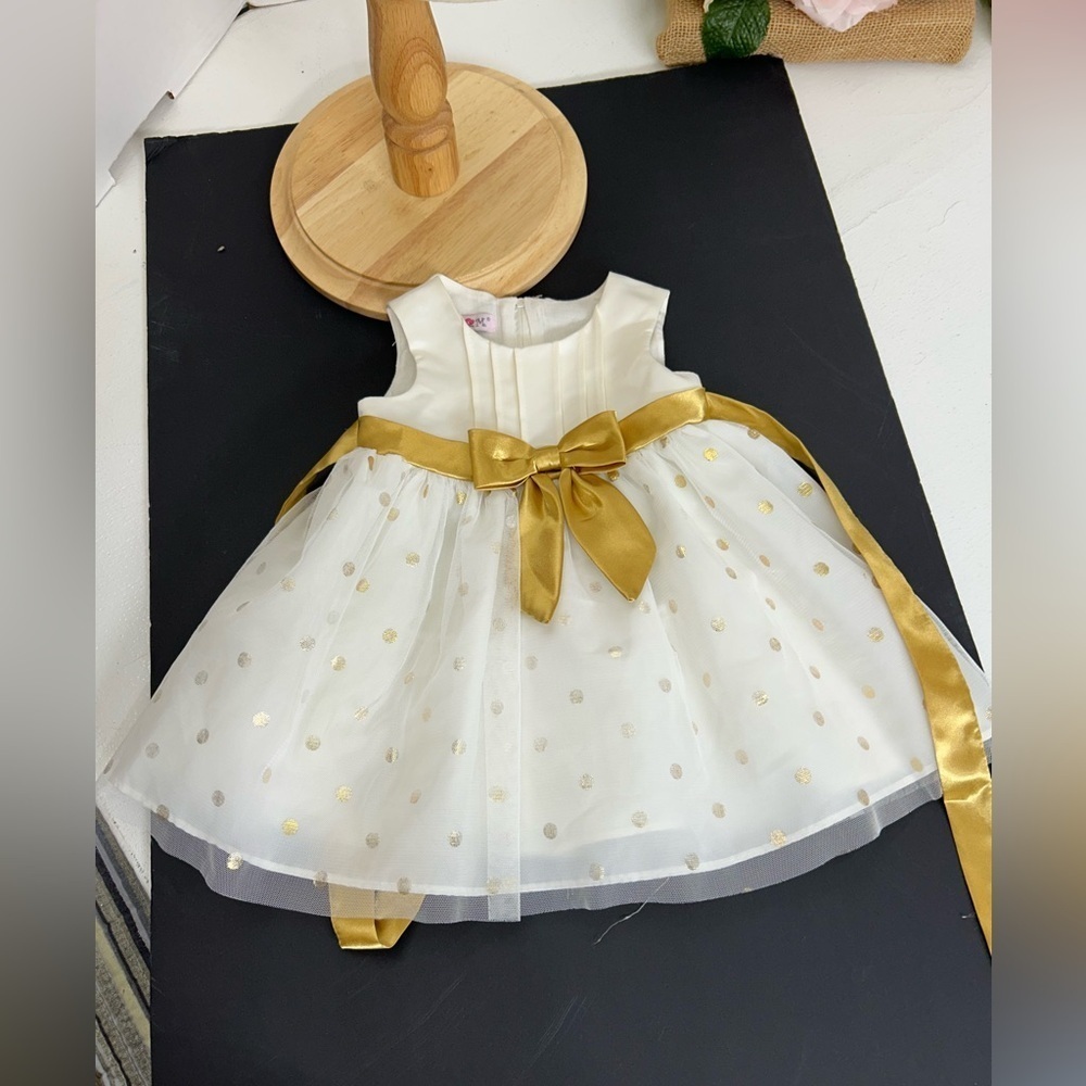 White and Gold Polka Dot Dress with Bow